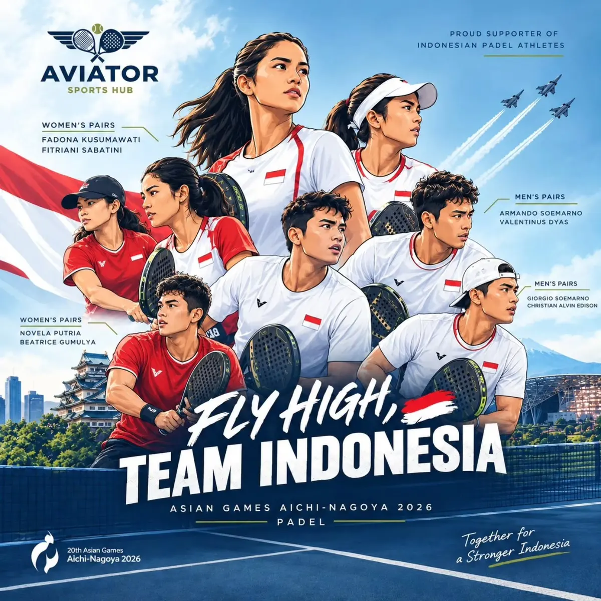 Illustration of Indonesia's padel team for the Asian Games Aichi-Nagoya 2026