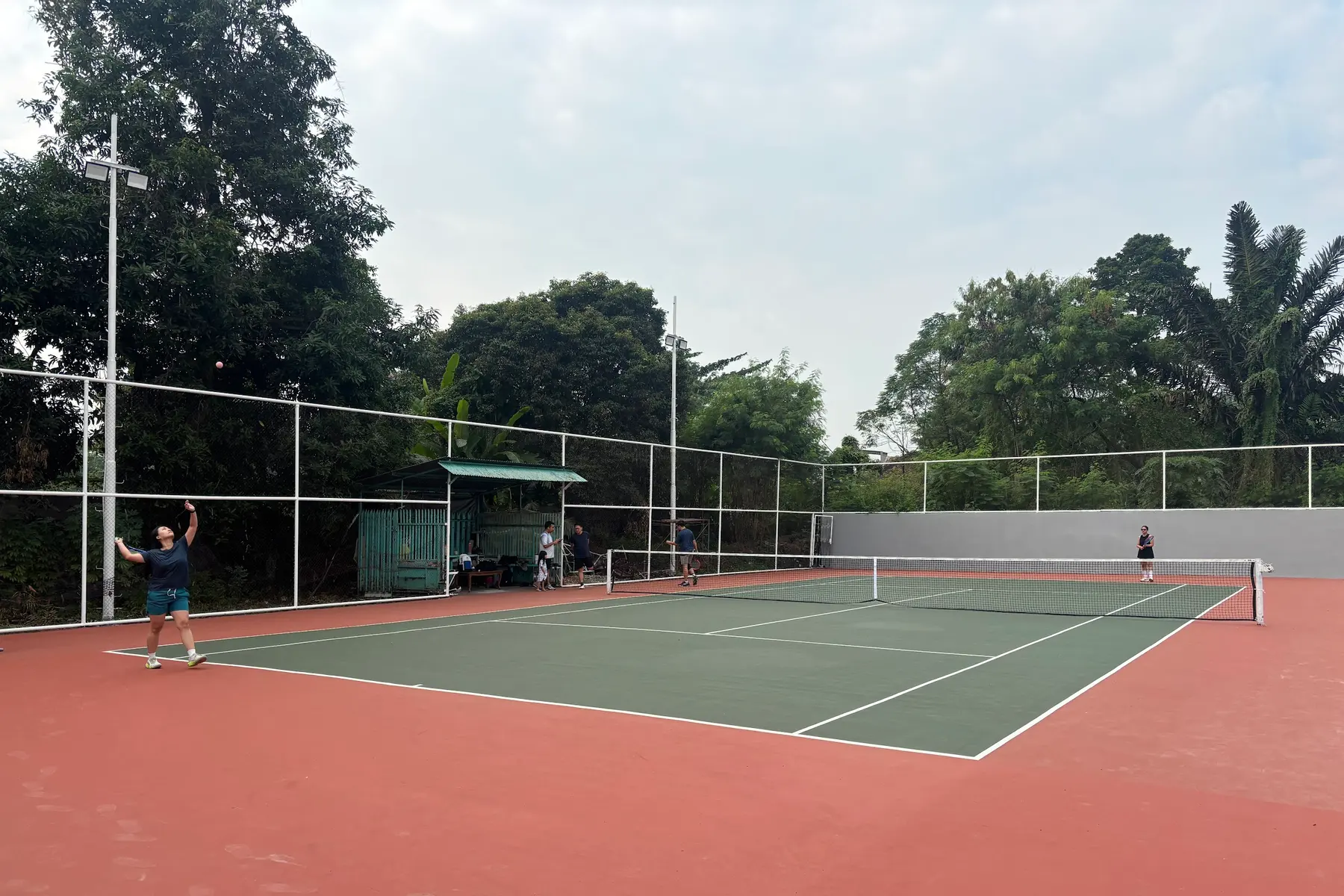Outdoor tennis courts with trees behind the fence